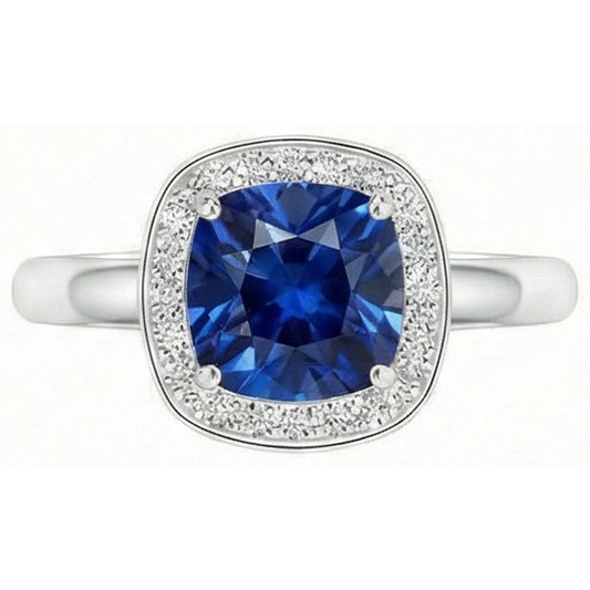 Bague Saphir Sri Lanka 3 Ct Taille Coussin Et Ronde Or Blanc 14K