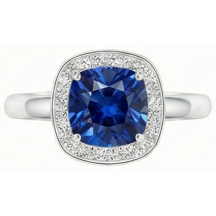 Bague Saphir Sri Lanka 3 Ct Taille Coussin Et Ronde Or Blanc 14K