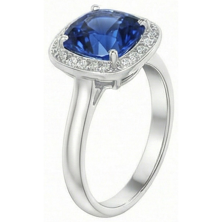Bague Saphir Sri Lanka 3 Ct Taille Coussin Et Ronde Or Blanc 14K