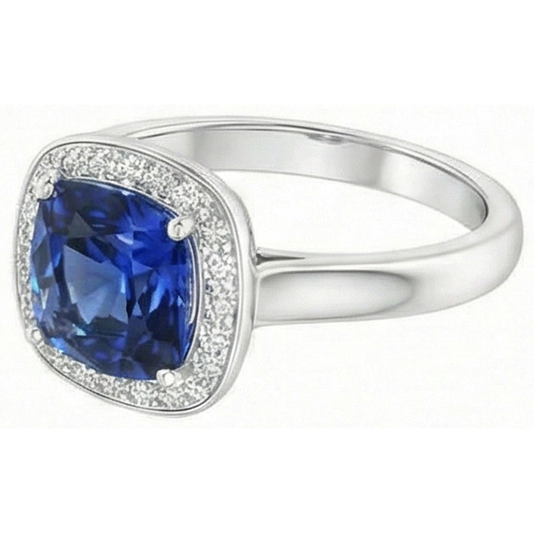 Bague Saphir Sri Lanka 3 Ct Taille Coussin Et Ronde Or Blanc 14K