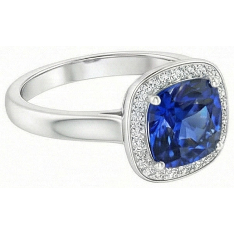 Bague Saphir Sri Lanka 3 Ct Taille Coussin Et Ronde Or Blanc 14K