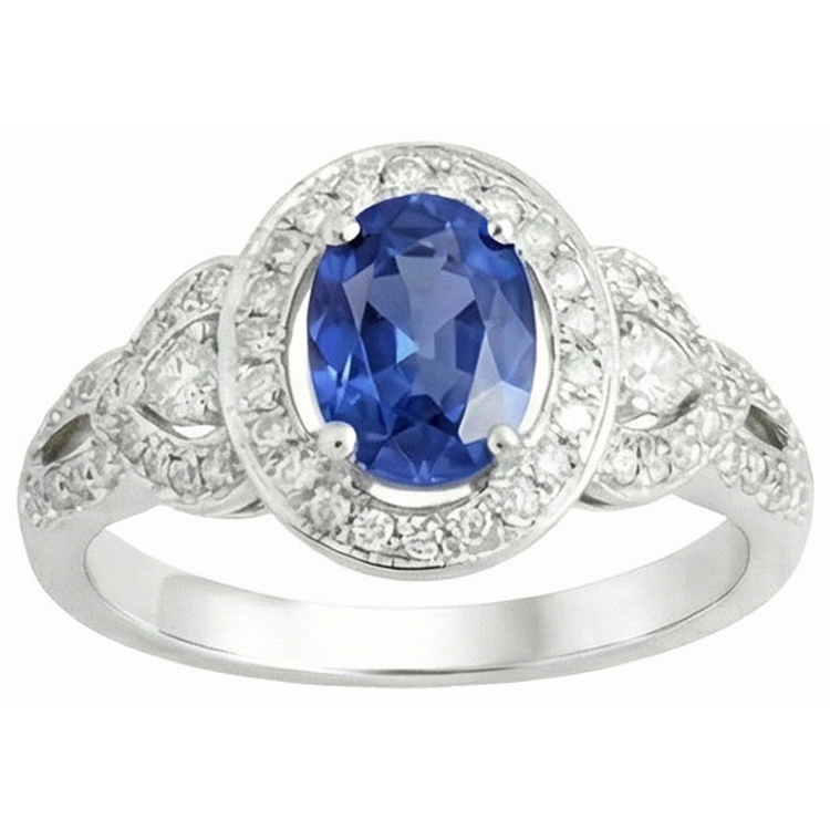 Bague Saphir Sri Lanka Et Diamant Naturels Extraits des Mines ( et non cultivés en laboratoire ) Taille Ovale Or Blanc 14K 3 Ct