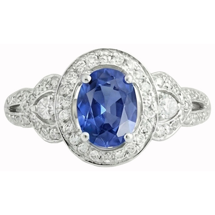 Bague Saphir Sri Lanka Et Diamant Naturels Extraits des Mines ( et non cultivés en laboratoire ) Taille Ovale Or Blanc 14K 3 Ct