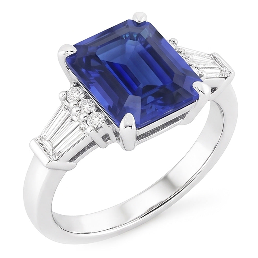 Bague Saphir Sri Lankais Rond & Baguette Taille Émeraude 4 Carats