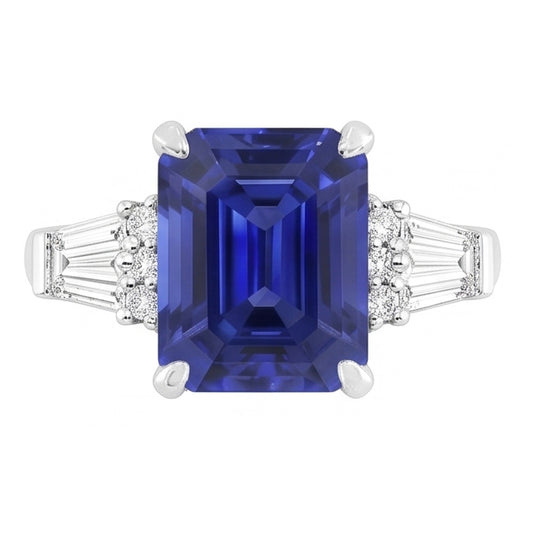 Bague Saphir Sri Lankais Rond & Baguette Taille Émeraude 4 Carats