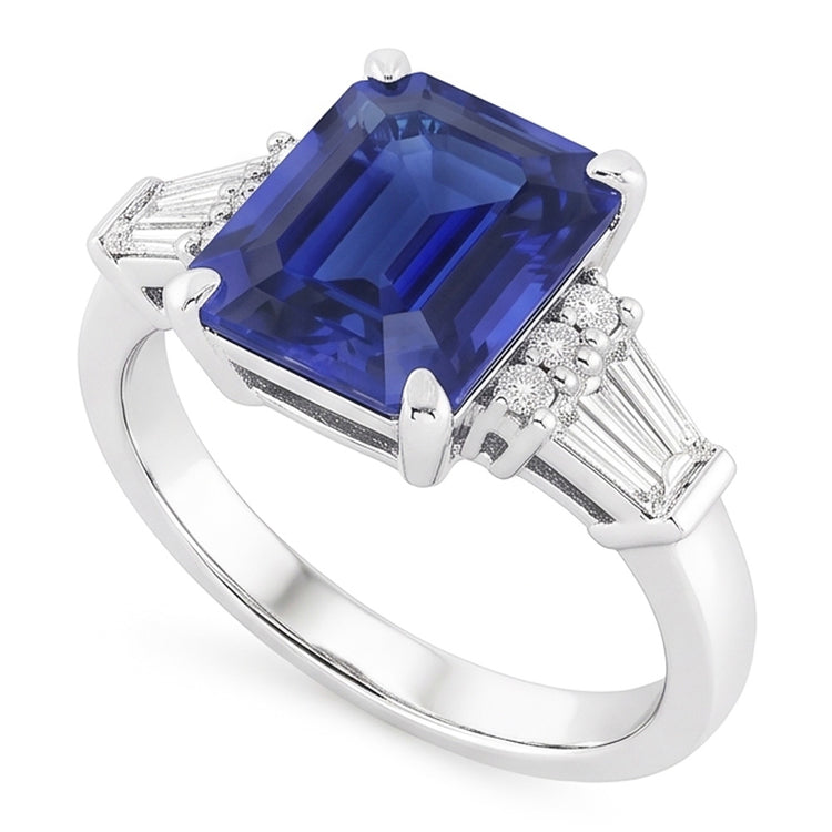 Bague Saphir Sri Lankais Rond & Baguette Taille Émeraude 4 Carats