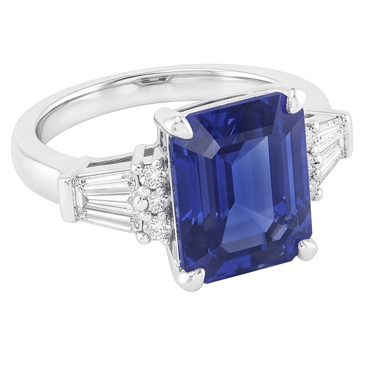 Bague Saphir Sri Lankais Rond & Baguette Taille Émeraude 4 Carats