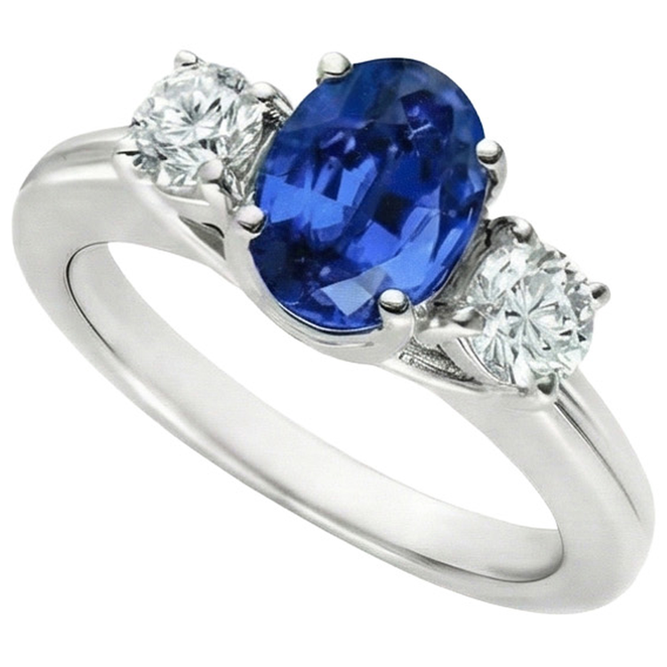 Bague Saphir Sri Lankais Style 3 Pierres Avec Diamants Naturels Extraits des Mines ( et non cultivés en laboratoire ) 3 Carats WG 14K
