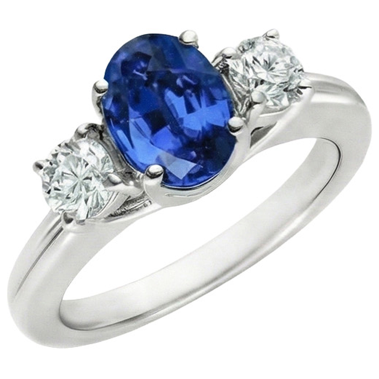 Bague Saphir Sri Lankais Style 3 Pierres Avec Diamants Naturels Extraits des Mines ( et non cultivés en laboratoire ) 3 Carats WG 14K
