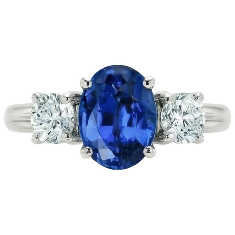 Bague Saphir Sri Lankais Style 3 Pierres Avec Diamants Naturels Extraits des Mines ( et non cultivés en laboratoire ) 3 Carats WG 14K