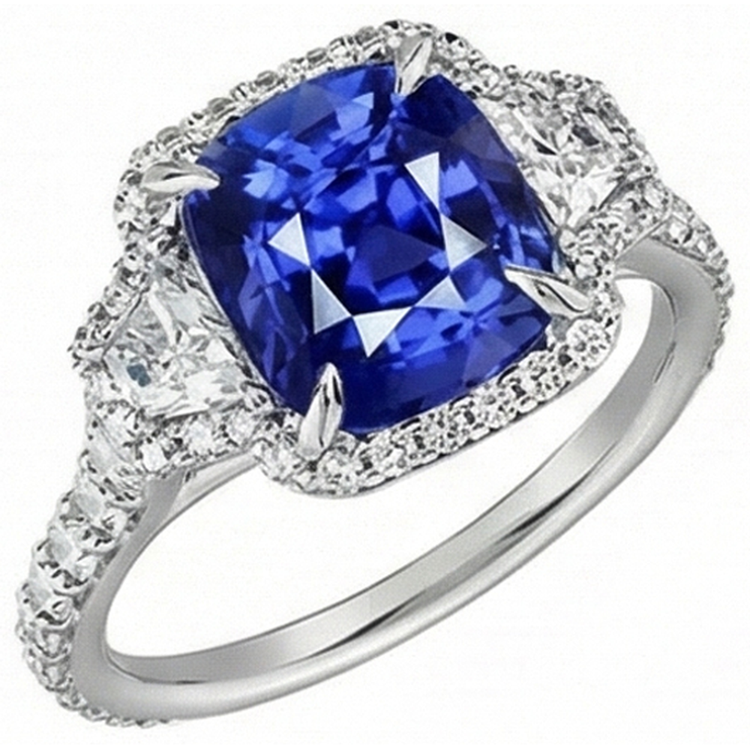 Bague Saphir Taille Coussin Et Halo De Diamants