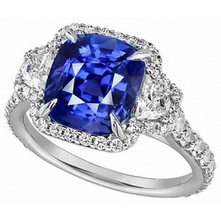 Bague Saphir Taille Coussin Et Halo De Diamants