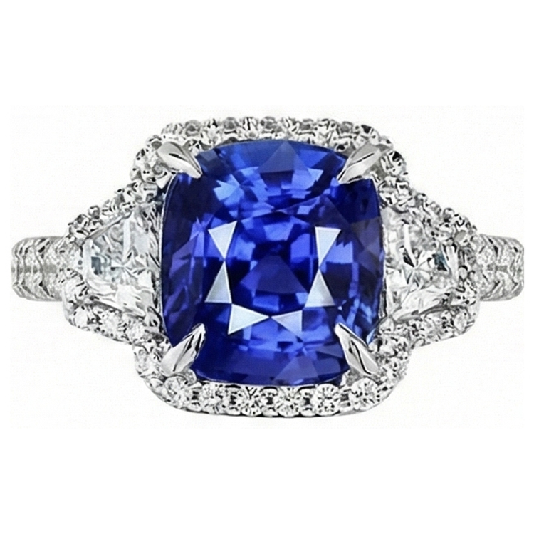 Bague Saphir Taille Coussin Et Halo De Diamants