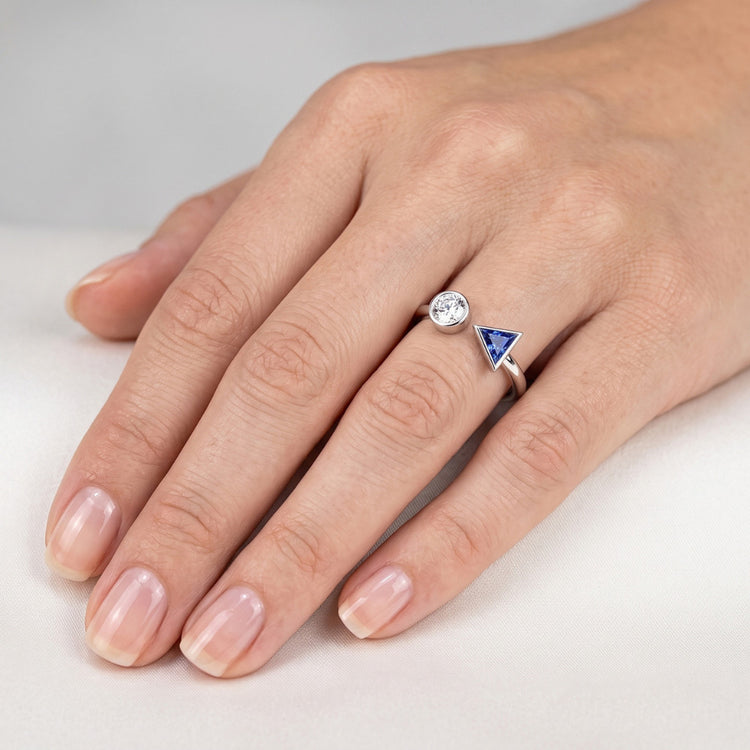 Bague Saphir Toi et Moi Diamant Rond & Trillion Lunette 1 Carat