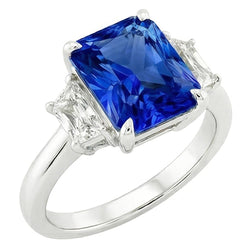 Bague Saphir Trois Pierres Gemmes Avec Diamants Radiants 3.50 Carats