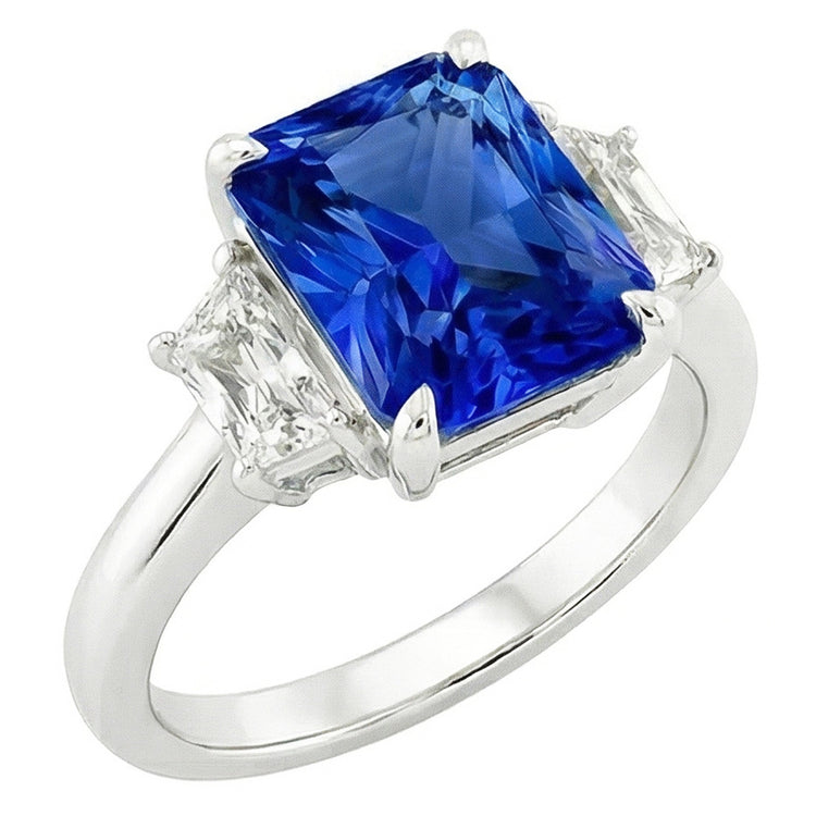 Bague Saphir Trois Pierres Gemmes Avec Diamants Radiants 3.50 Carats