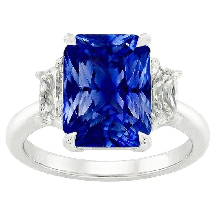 Bague Saphir Trois Pierres Gemmes Avec Diamants Radiants 3.50 Carats