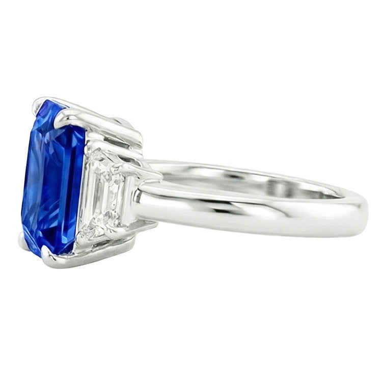 Bague Saphir Trois Pierres Gemmes Avec Diamants Radiants 3.50 Carats