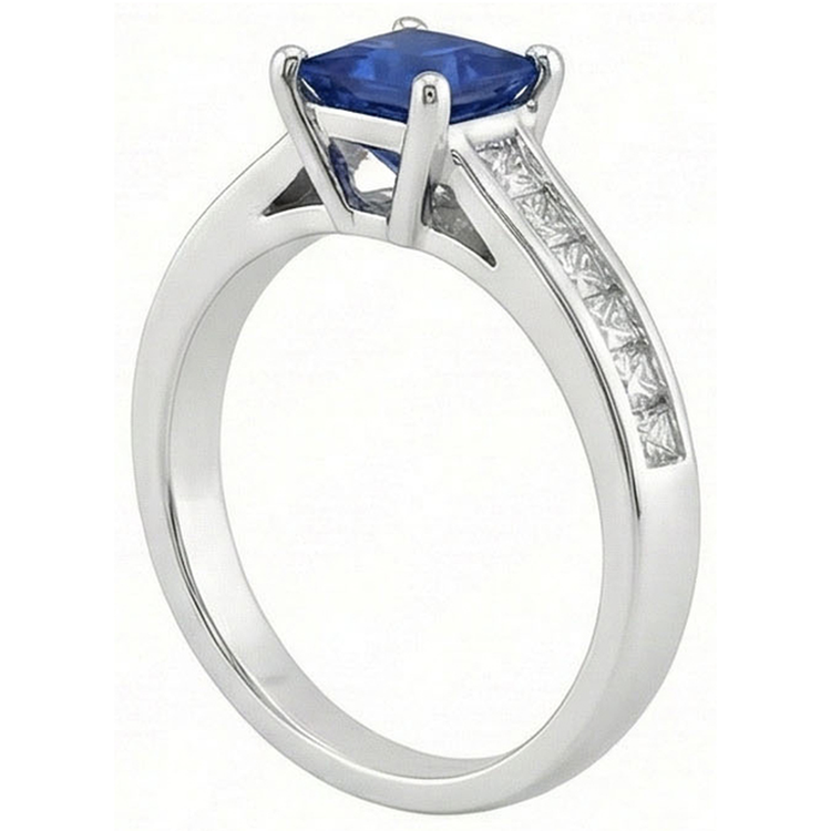 Bague Saphir Véritable Diamant Naturels Extraits des Mines ( et non cultivés en laboratoire ) Taille Princesse