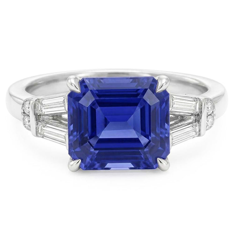 Bague Saphir de Ceylan Baguette & Diamant Rond Taille Émeraude 2.50 Carats
