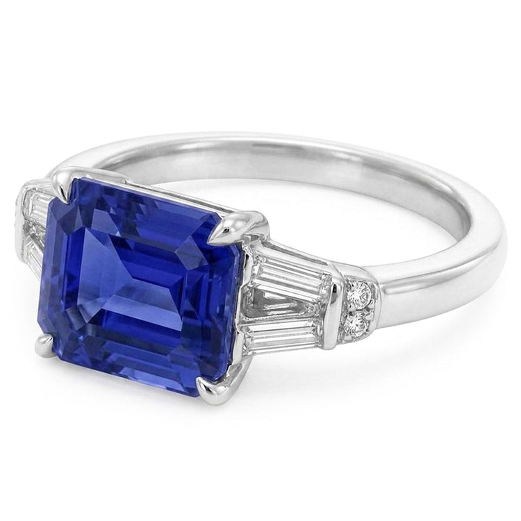 Bague Saphir de Ceylan Baguette & Diamant Rond Taille Émeraude 2.50 Carats