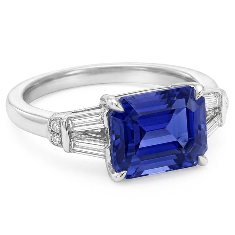Bague Saphir de Ceylan Baguette & Diamant Rond Taille Émeraude 2.50 Carats
