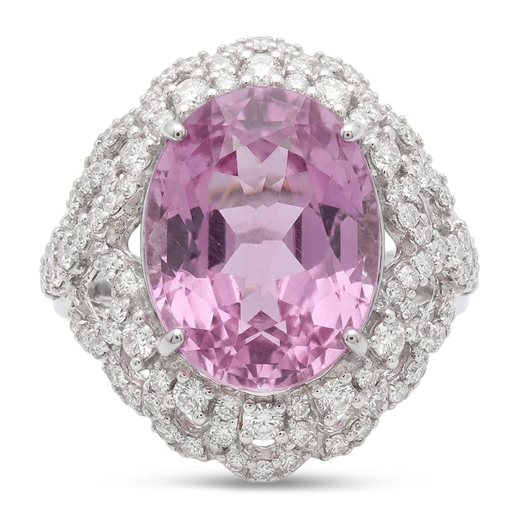Bague Sertie De Griffes 36.75 Ct Kunzite Rose Avec Diamants Or Blanc 14K