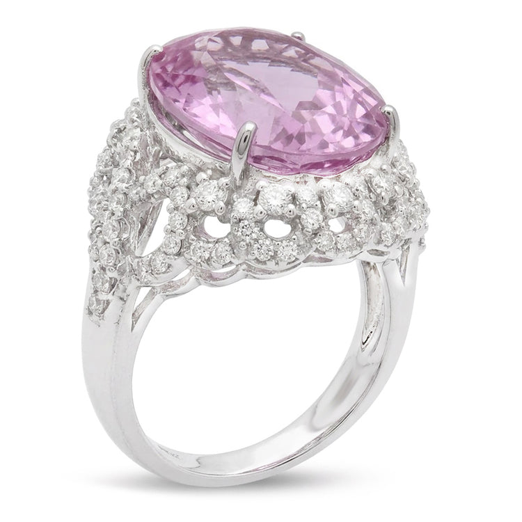Bague Sertie De Griffes 36.75 Ct Kunzite Rose Avec Diamants Or Blanc 14K