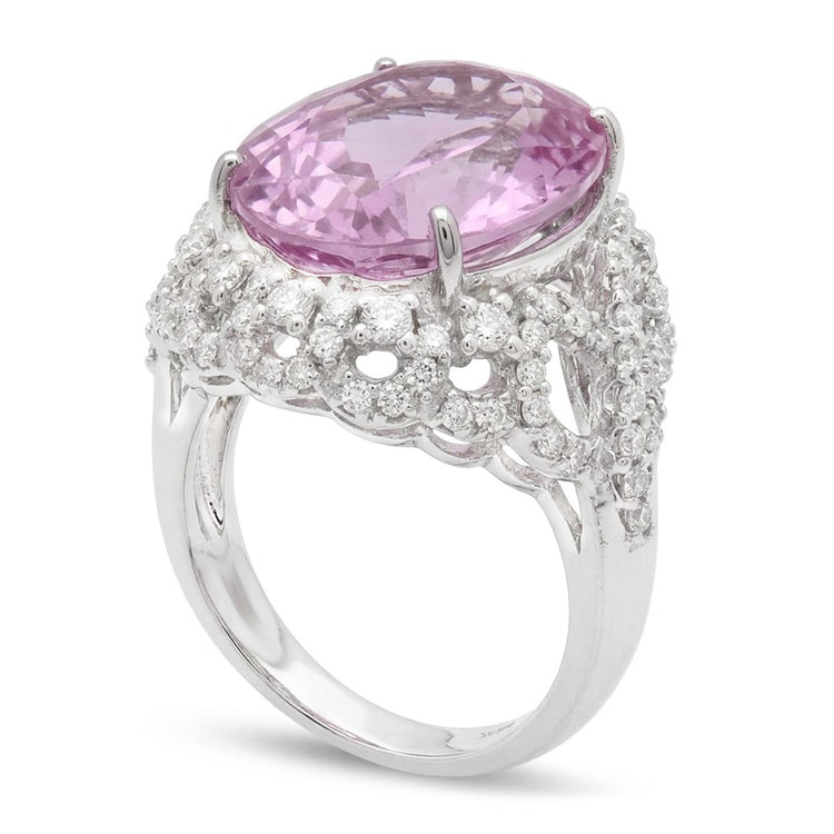 Bague Sertie De Griffes 36.75 Ct Kunzite Rose Avec Diamants Or Blanc 14K