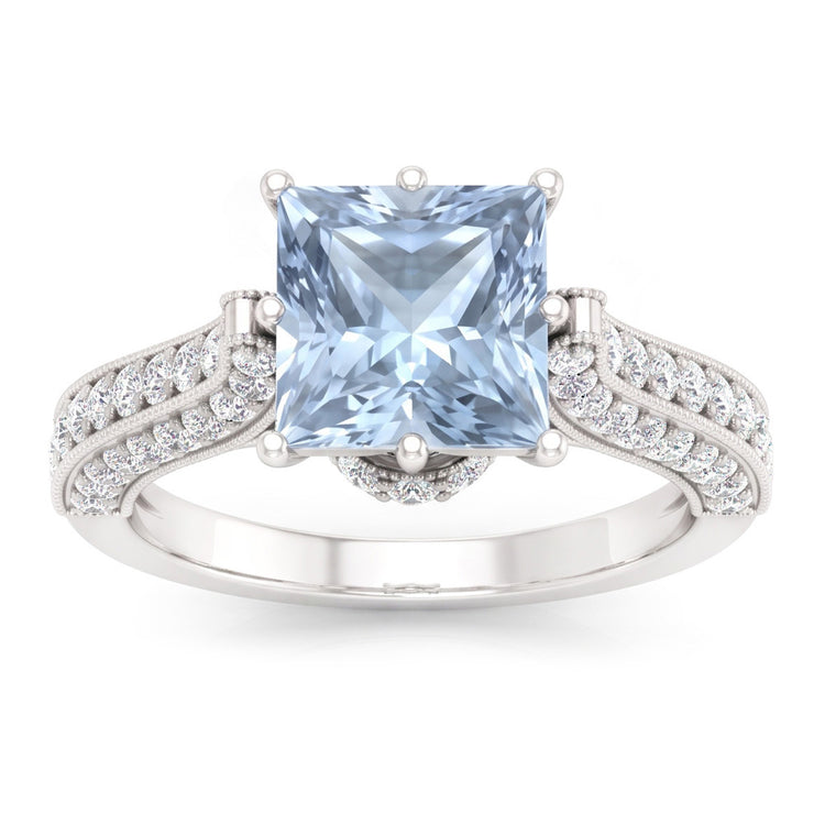 Bague Sertie De Griffes 8.50 Carats Aigue-Marine Avec Diamants Naturels Extraits des Mines ( et non cultivés en laboratoire ) Or Blanc 14K