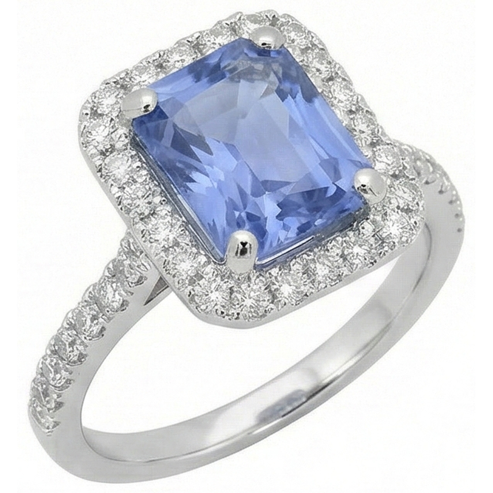 Bague Sertie De Griffes Saphir De Ceylan Avec Diamants Naturels Extraits des Mines ( et non cultivés en laboratoire ) 4 Ct Or Blanc 14K