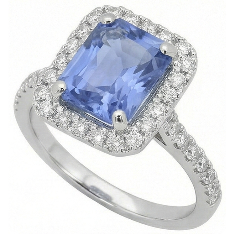 Bague Sertie De Griffes Saphir De Ceylan Avec Diamants Naturels Extraits des Mines ( et non cultivés en laboratoire ) 4 Ct Or Blanc 14K