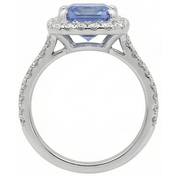 Bague Sertie De Griffes Saphir De Ceylan Avec Diamants Naturels Extraits des Mines ( et non cultivés en laboratoire ) 4 Ct Or Blanc 14K