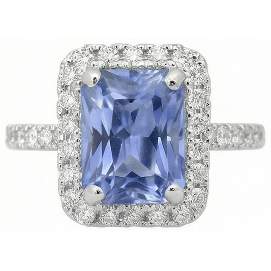 Bague Sertie De Griffes Saphir De Ceylan Avec Diamants Naturels Extraits des Mines ( et non cultivés en laboratoire ) 4 Ct Or Blanc 14K
