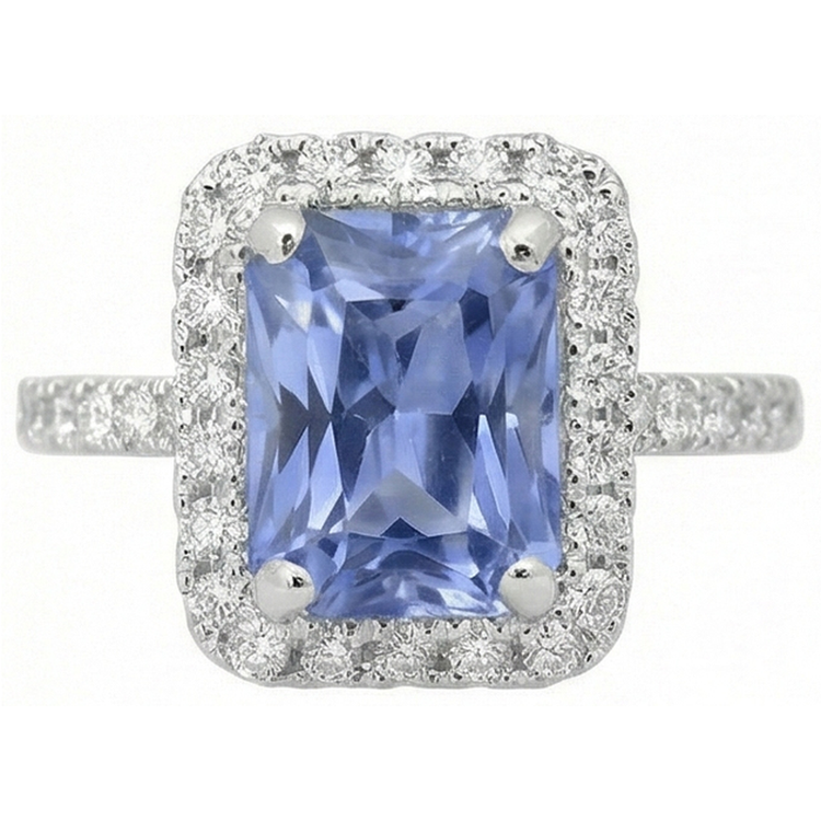 Bague Sertie De Griffes Saphir De Ceylan Avec Diamants Naturels Extraits des Mines ( et non cultivés en laboratoire ) 4 Ct Or Blanc 14K