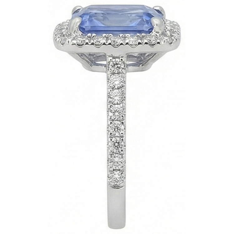 Bague Sertie De Griffes Saphir De Ceylan Avec Diamants Naturels Extraits des Mines ( et non cultivés en laboratoire ) 4 Ct Or Blanc 14K