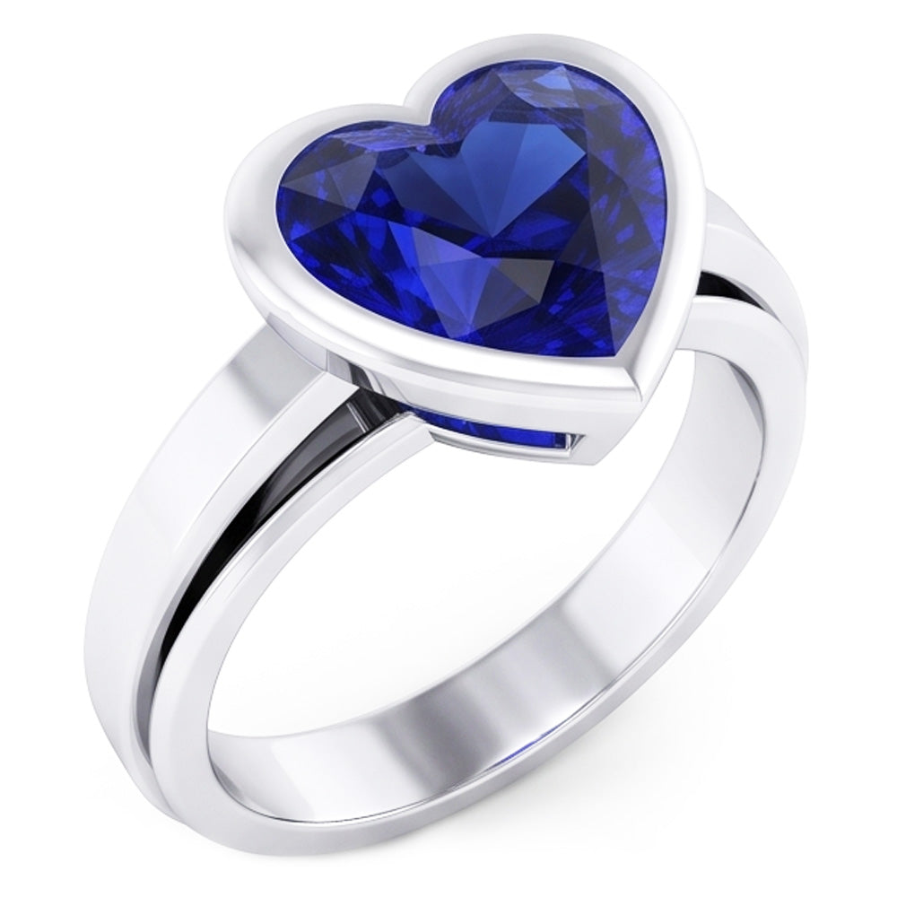 Bague Solitaire 3 Carats Saphir Bleu serti de lunette en forme de coeur Or 14K