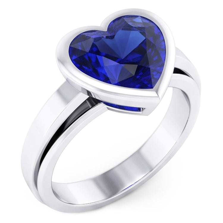 Bague Solitaire 3 Carats Saphir Bleu serti de lunette en forme de coeur Or 14K