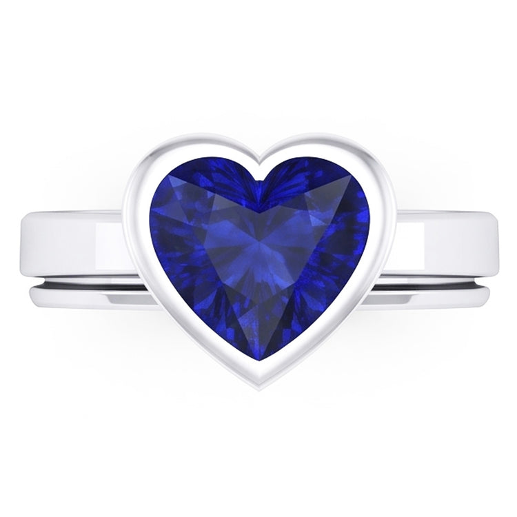 Bague Solitaire 3 Carats Saphir Bleu serti de lunette en forme de coeur Or 14K