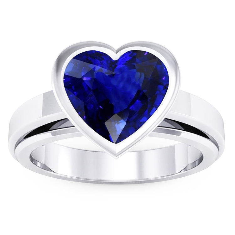 Bague Solitaire 3 Carats Saphir Bleu serti de lunette en forme de coeur Or 14K