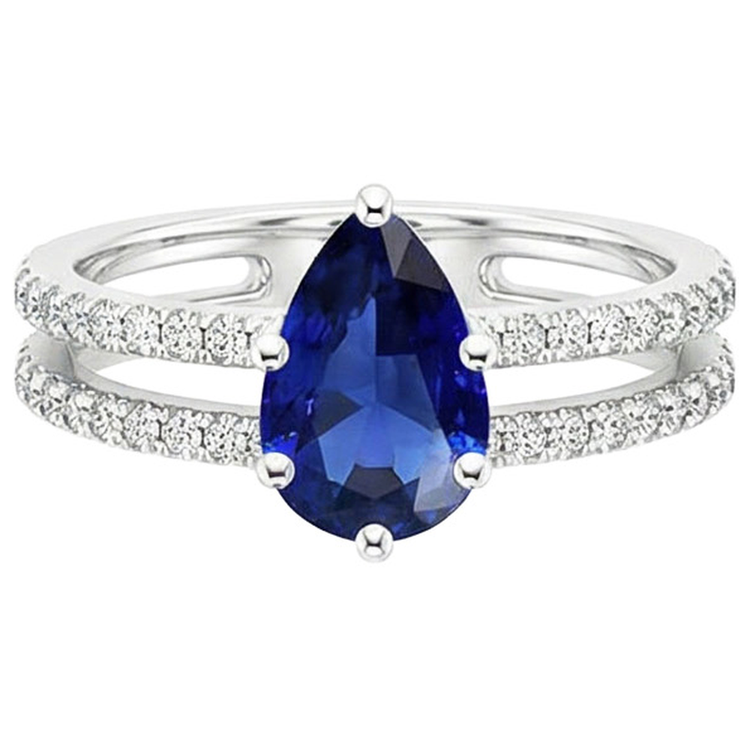 Bague Solitaire Accents Double Tige Saphir Bleu & Diamants Naturels Extraits des Mines ( et non cultivés en laboratoire ) 4 Carats