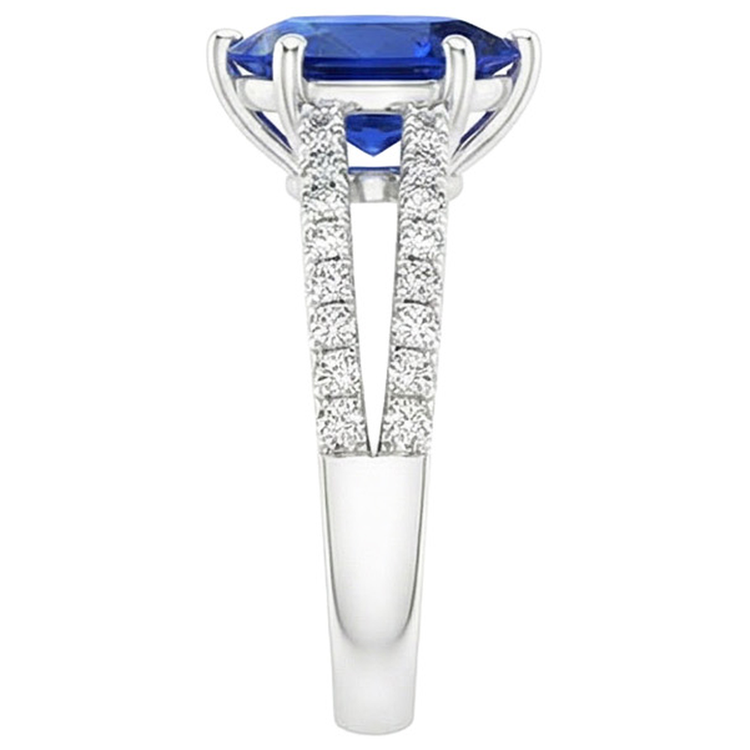 Bague Solitaire Accents Double Tige Saphir Bleu & Diamants Naturels Extraits des Mines ( et non cultivés en laboratoire ) 4 Carats