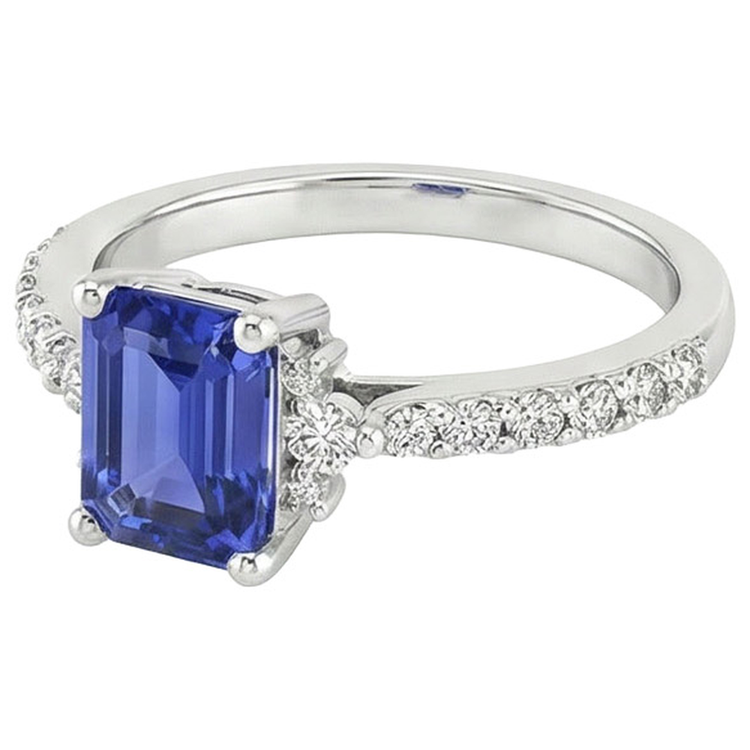 Bague Solitaire Accents Saphir Bleu & Diamant Naturels Extraits des Mines ( et non cultivés en laboratoire ) 4 Carats Taille Emeraude