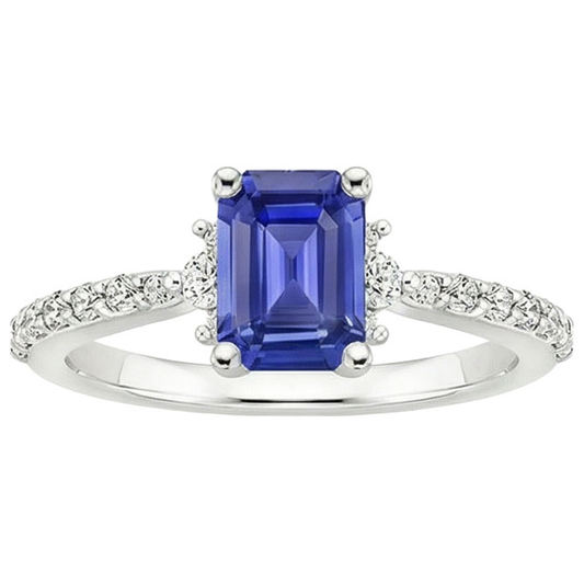 Bague Solitaire Accents Saphir Bleu & Diamant Naturels Extraits des Mines ( et non cultivés en laboratoire ) 4 Carats Taille Emeraude