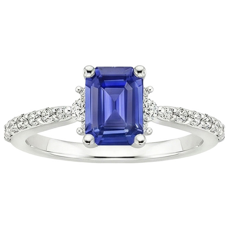 Bague Solitaire Accents Saphir Bleu & Diamant Naturels Extraits des Mines ( et non cultivés en laboratoire ) 4 Carats Taille Emeraude