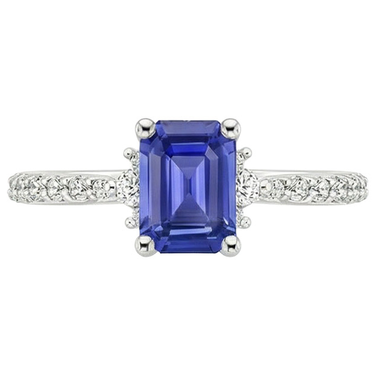 Bague Solitaire Accents Saphir Bleu & Diamant Naturels Extraits des Mines ( et non cultivés en laboratoire ) 4 Carats Taille Emeraude