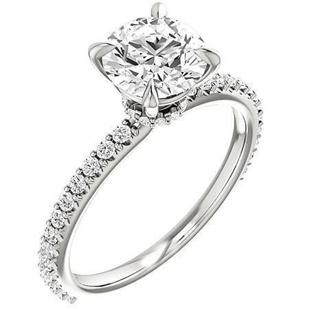 Bague Solitaire Authentique Diamants Ronds 3.40 Carats Avec Accents Or Blanc 14K