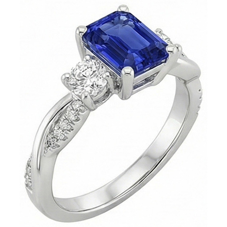 Bague Solitaire Avec Accents 3 Pierres Saphir Bleu 4.25 Carats