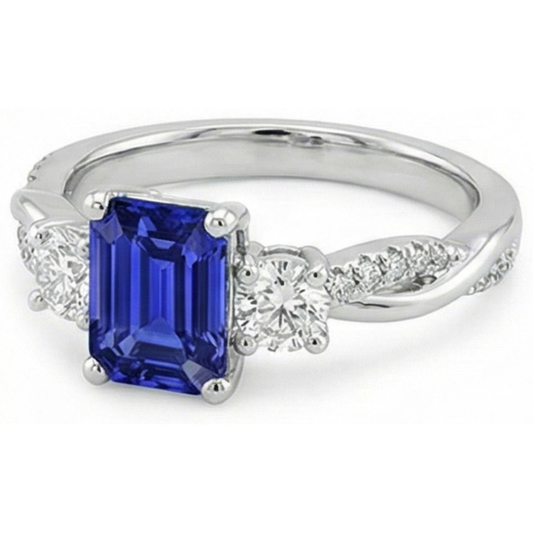 Bague Solitaire Avec Accents 3 Pierres Saphir Bleu 4.25 Carats