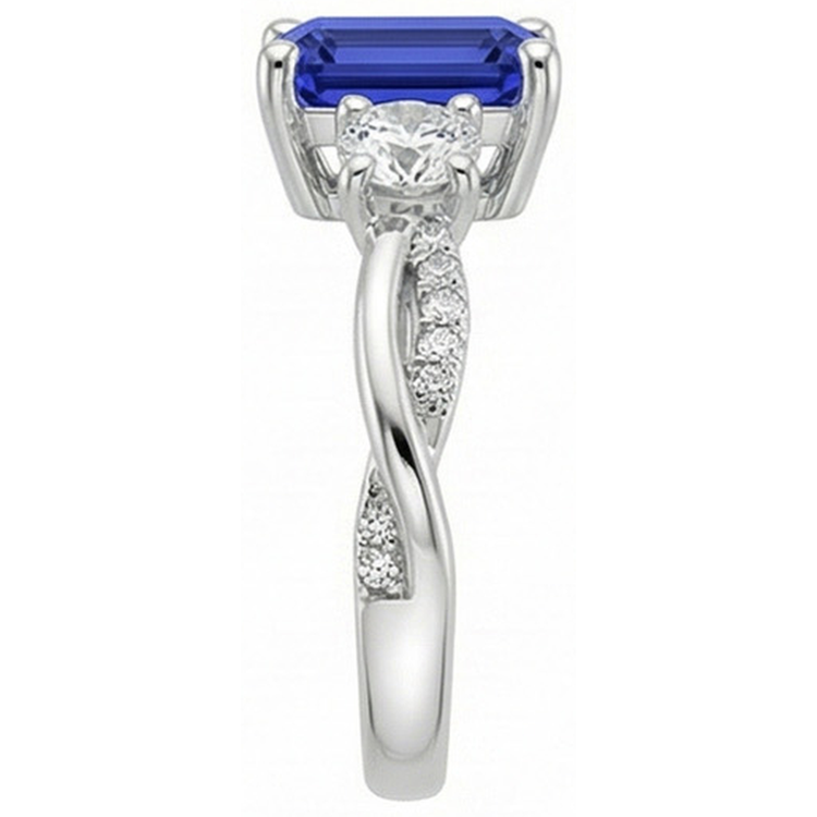 Bague Solitaire Avec Accents 3 Pierres Saphir Bleu 4.25 Carats